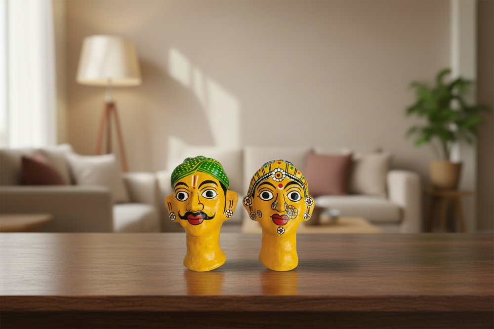 Handcrafted Cheriyal Rural Couple Busts – Painted Clay Folk Art   wall decor