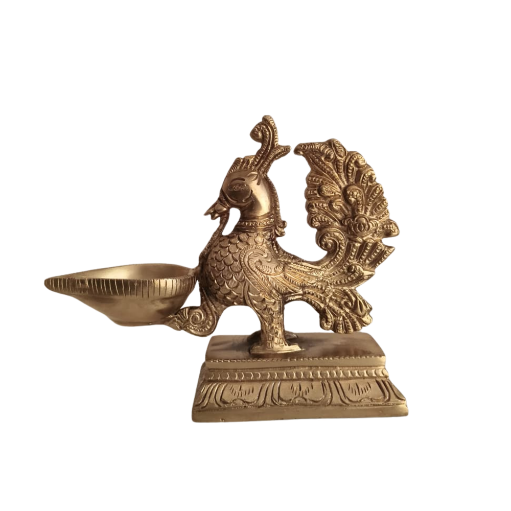 Handcrafted Brass Annapakshi Table Diya | Traditional Peacock Oil Lamp on Pedestal Base   Brass Artwork