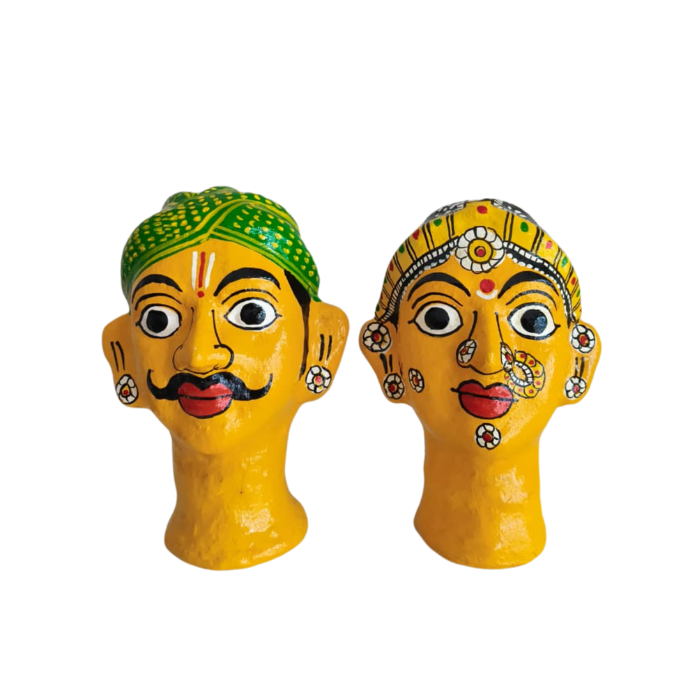 Handcrafted Cheriyal Rural Couple Busts – Painted Clay Folk Art   wall decor