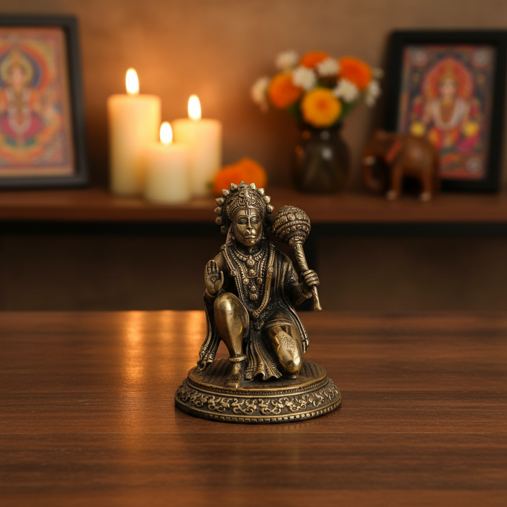 Brass Kneeling Hanuman Statue – Bajrangbali Idol with Gada for Protection   Brass Artwork