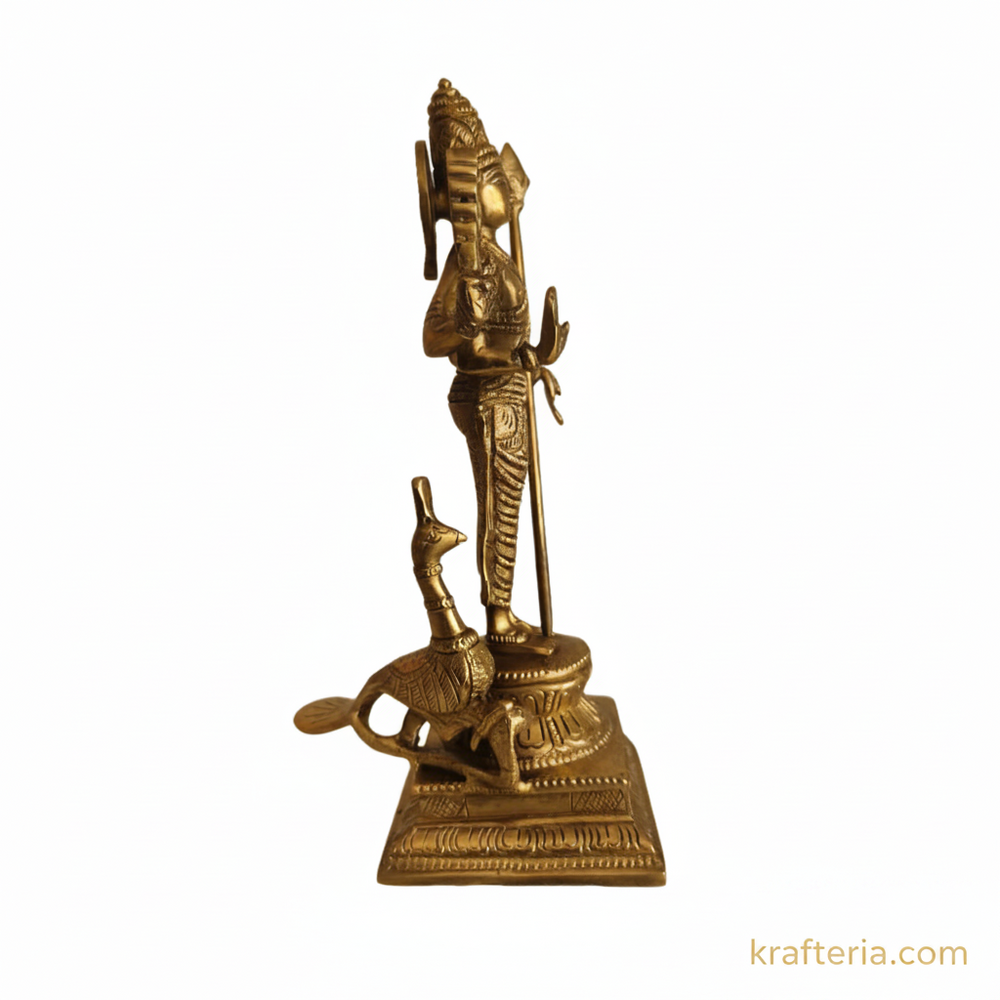 Traditional Lord Kartikeya Idol with Vel and Peacock   Brass Artwork