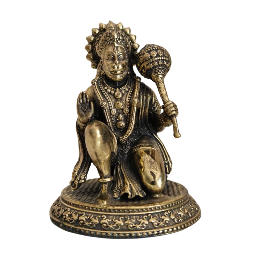 Brass Kneeling Hanuman Statue – Bajrangbali Idol with Gada for Protection   Brass Artwork