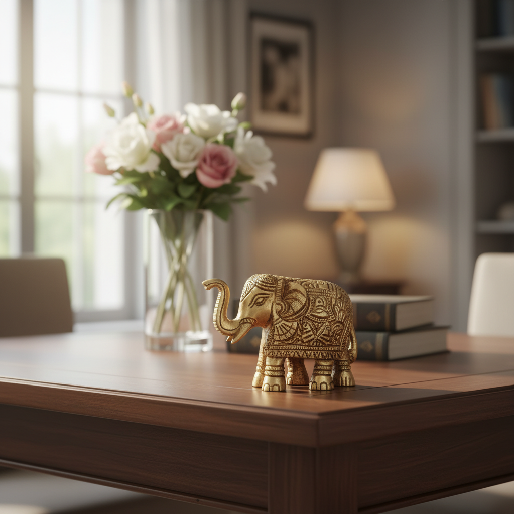 Brass Elephant Figurine with Raised Trunk – Symbol of Good Luck and Strength