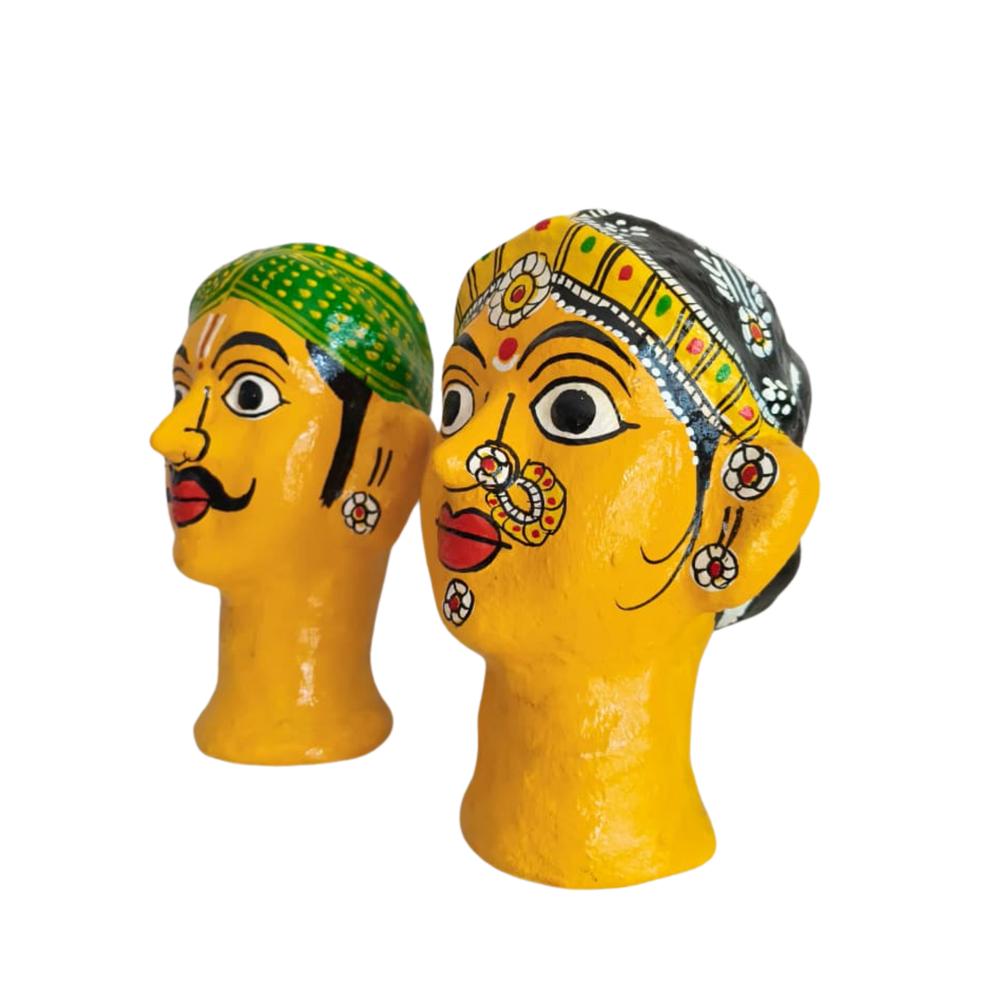 Handcrafted Cheriyal Rural Couple Busts – Painted Clay Folk Art   wall decor