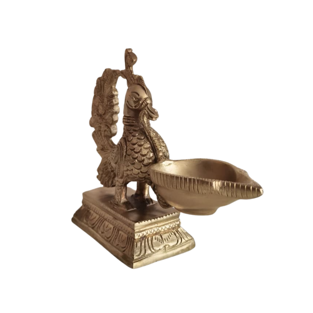 Handcrafted Brass Annapakshi Table Diya | Traditional Peacock Oil Lamp on Pedestal Base   Brass Artwork