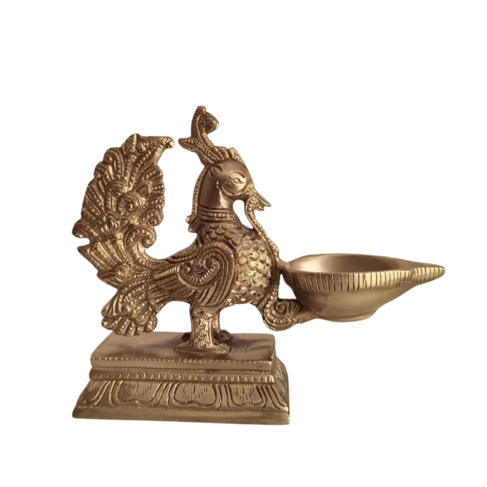 Handcrafted Brass Annapakshi Table Diya | Traditional Peacock Oil Lamp on Pedestal Base   Brass Artwork