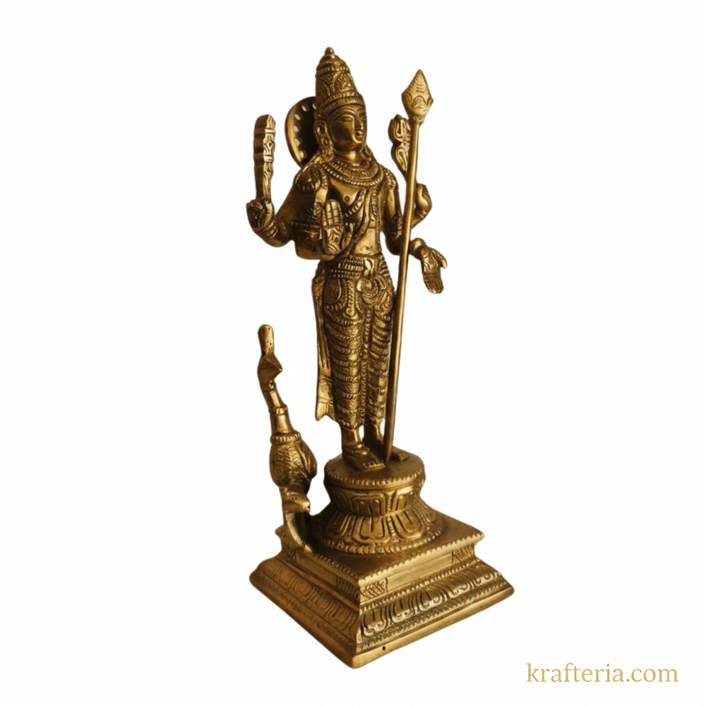 Traditional Lord Kartikeya Idol with Vel and Peacock   Brass Artwork