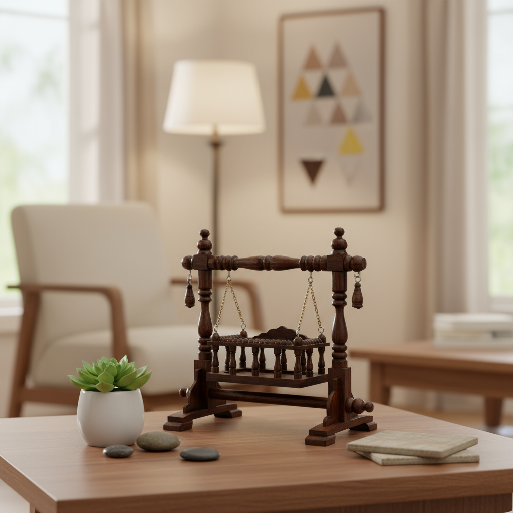 Royal wooden jhula swing with finely carved wooden pillars and detailed traditional craftsmanship