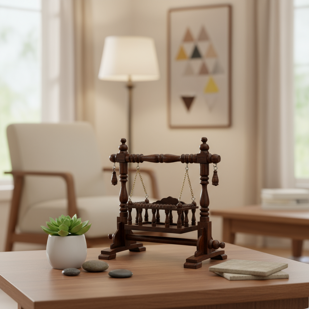 Royal wooden jhula swing with finely carved wooden pillars and detailed traditional craftsmanship