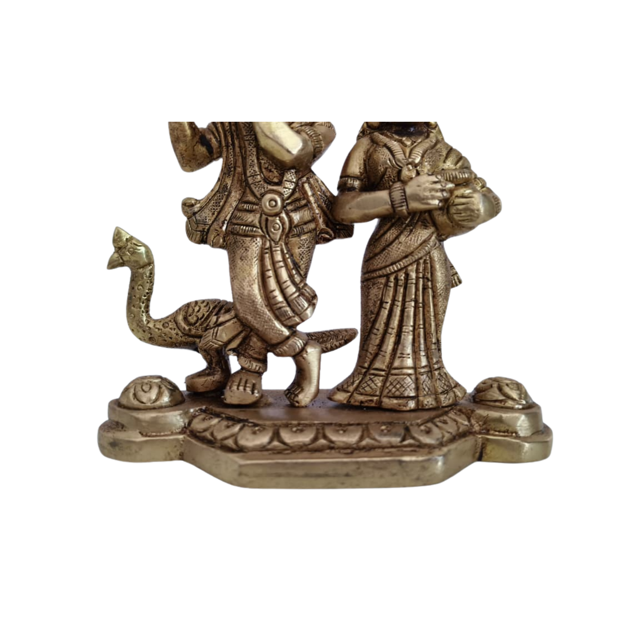 Brass Radha Krishna Idol with Flute and Peacock – Symbol of Eternal Love and Devotion