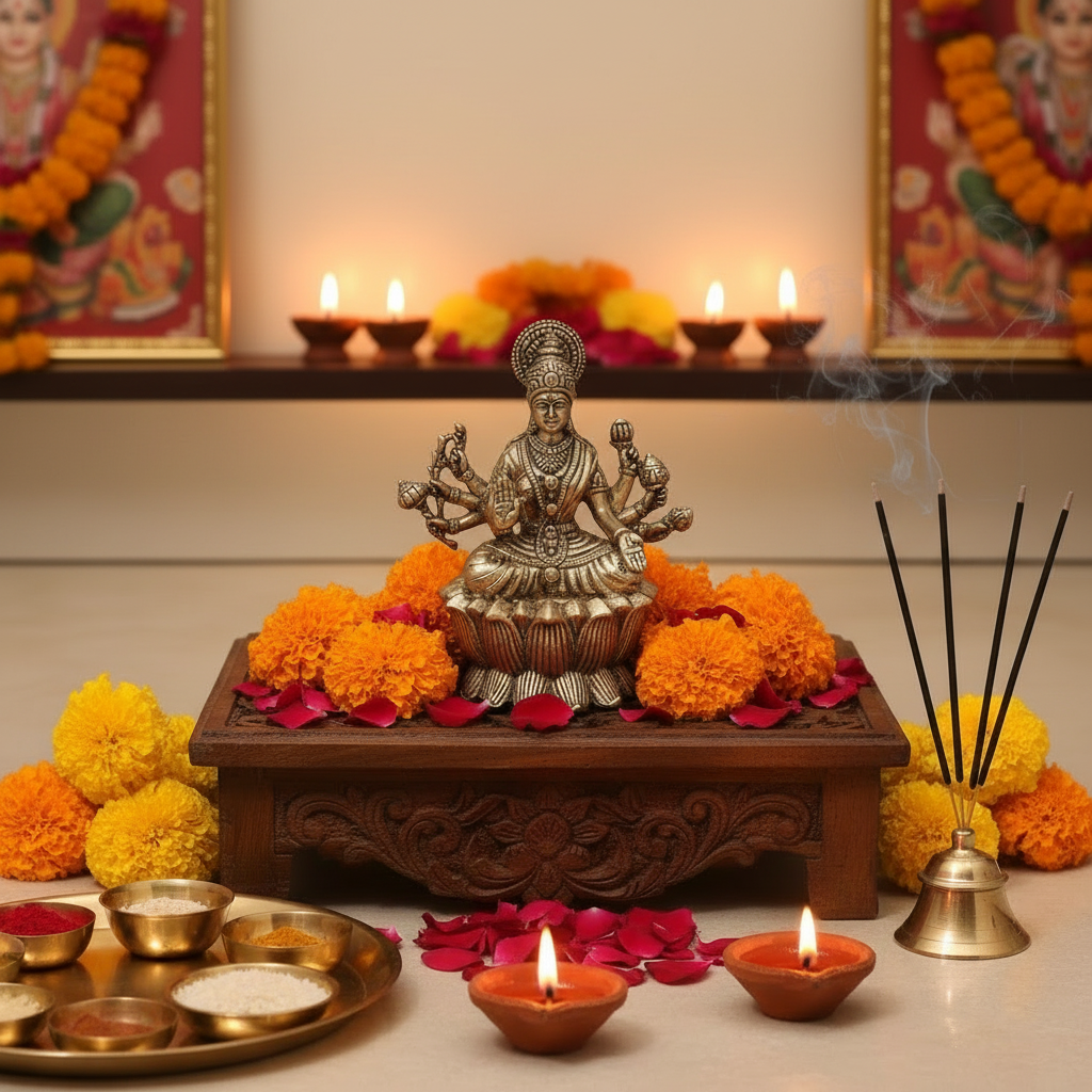 Brass Ashta Lakshmi Idol Seated on Lotus - Eight-Armed Goddess