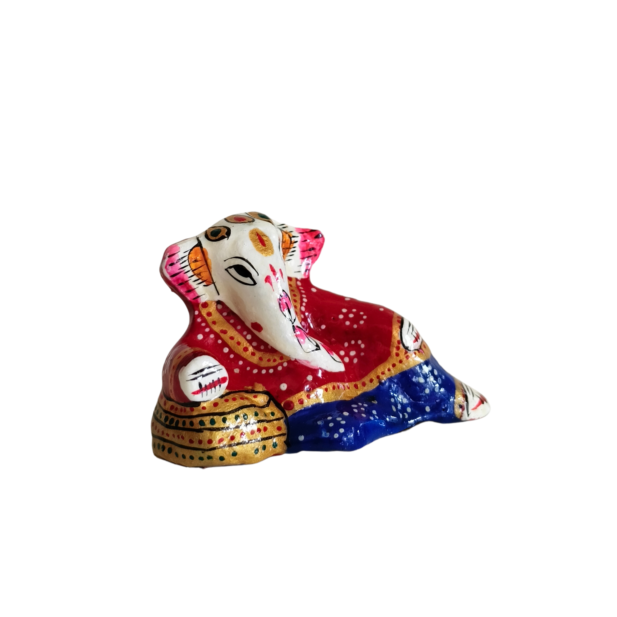 Folk Art Lord Ganesha Idol in Red, Blue, and Gold Patka Style