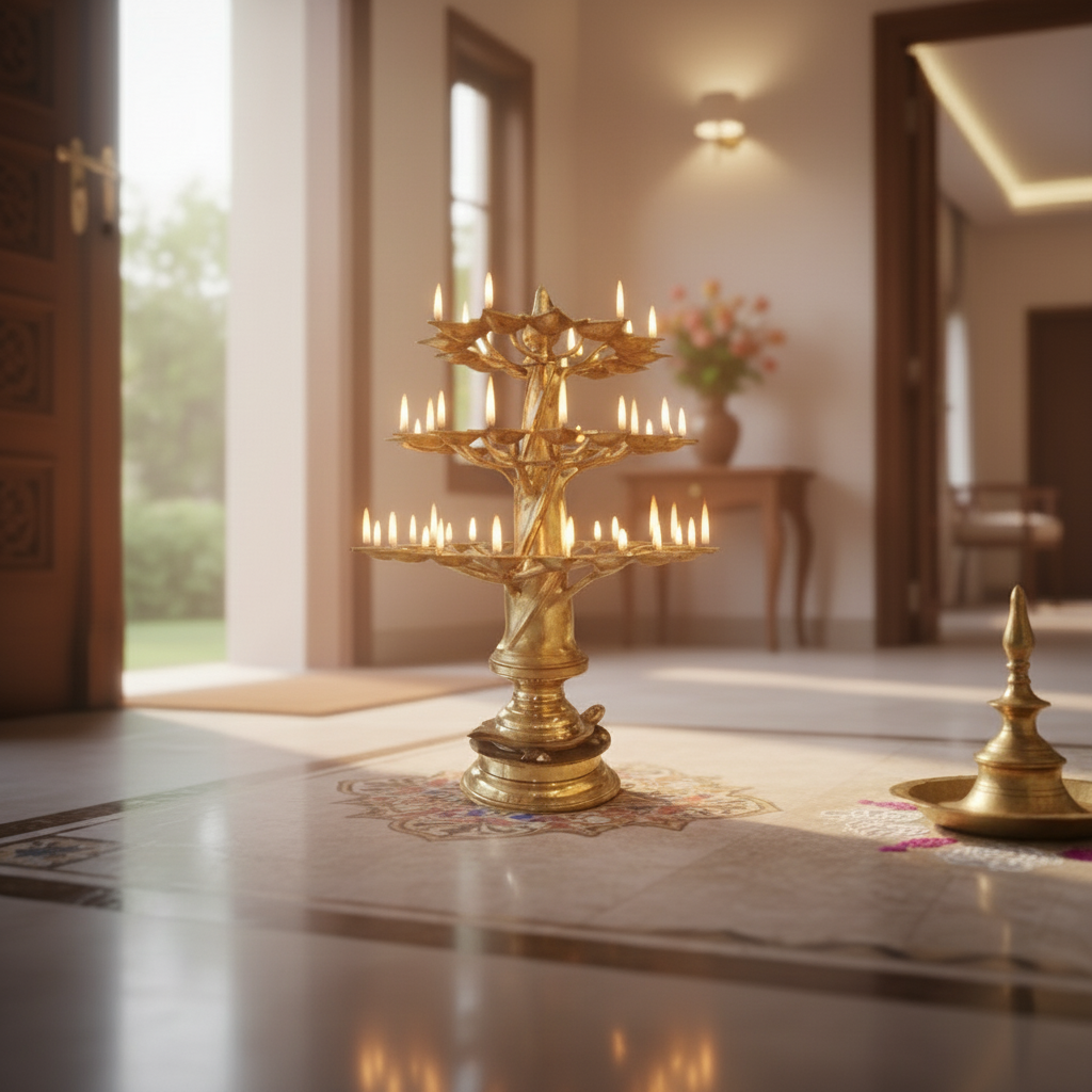 Tree-Shaped Bronze Multi-Wicks Oil Lamp – Perfect for Temples & Homes