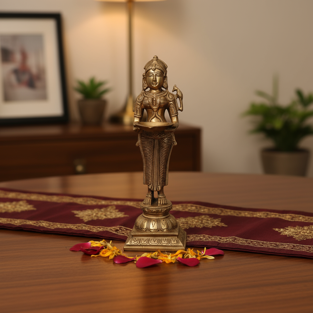 Elegantly Sculpted Brass Deepa Lakshmi (Lady with Lamp) Statue