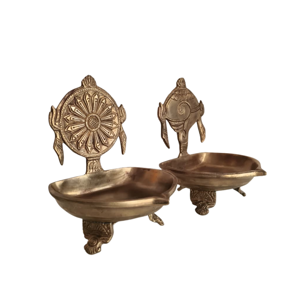 Handcrafted Brass Shankh Chakra Table Diya Set | Traditional Spiritual Oil Lamps   Brass Artwork