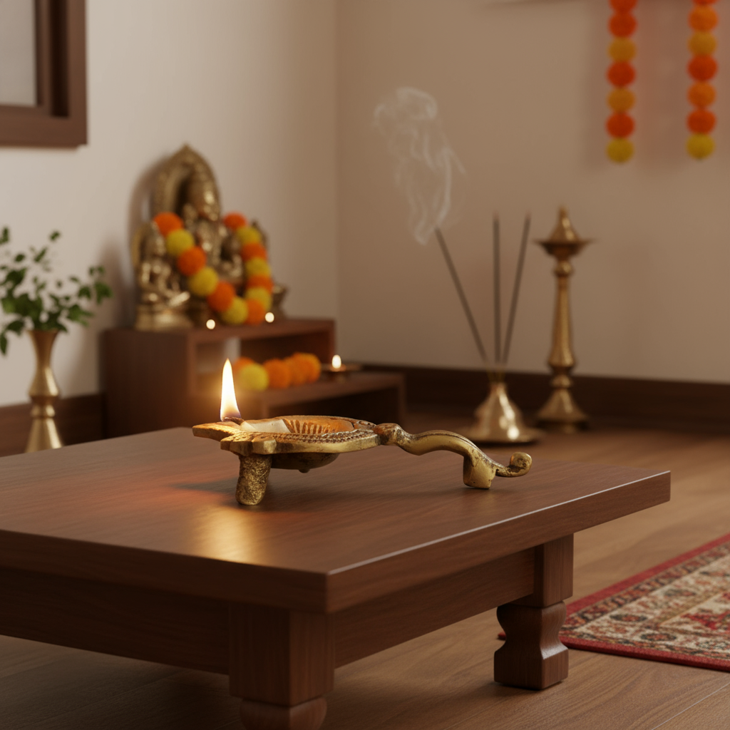 Close-up of a golden brass aarti diya with a handle, featuring an Om symbol embossed in the center of the oil lamp bowl.