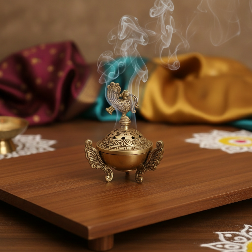 Ornate Handcrafted Brass Peacock Dhoop Dani / Incense Burner with Antique Finish