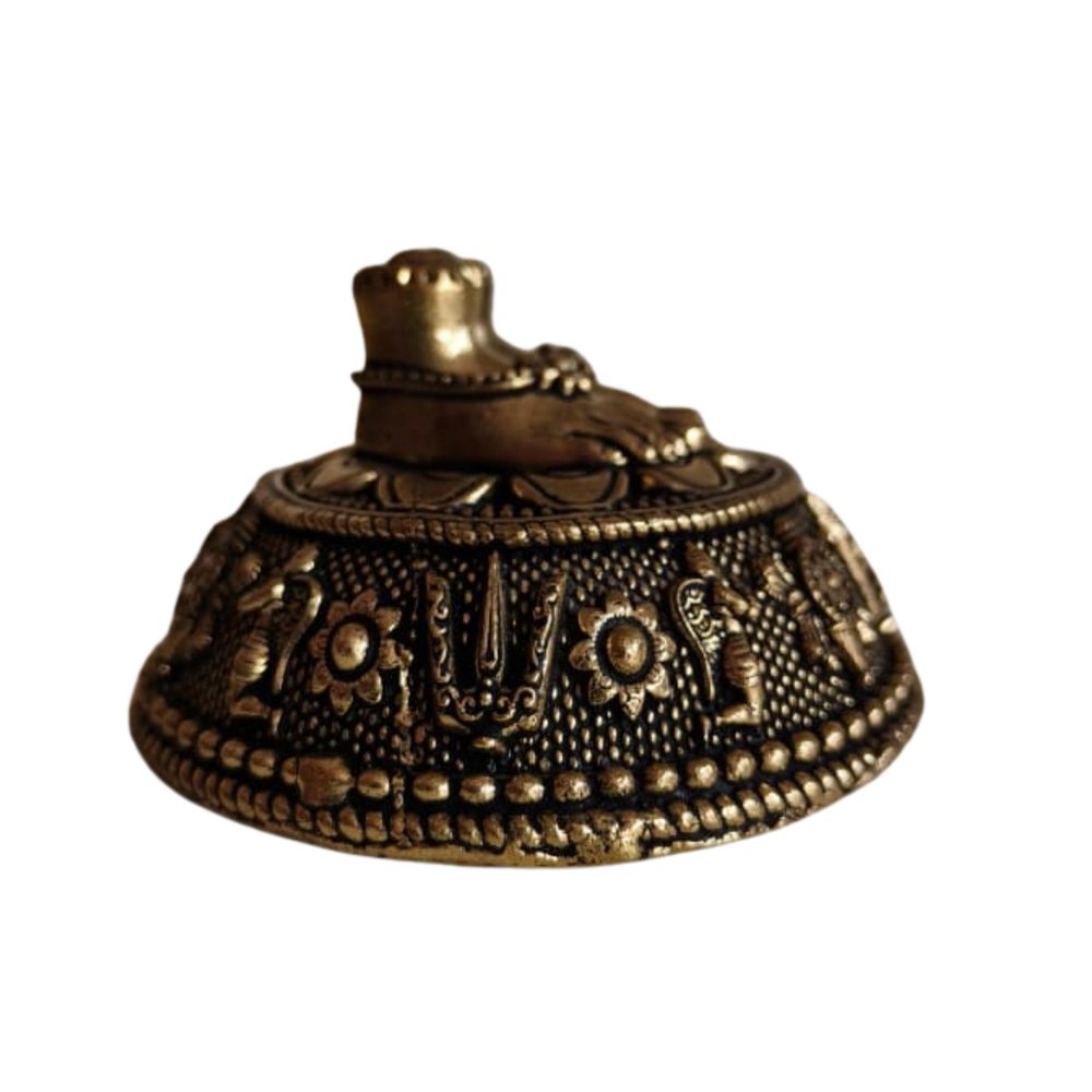 Brass Paduka with Protective Dome – Sacred Divine Footprints for Vastu & Puja   Brass Artwork