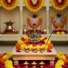 Brass Ashta Lakshmi Idol Seated on Lotus - Eight-Armed Goddess