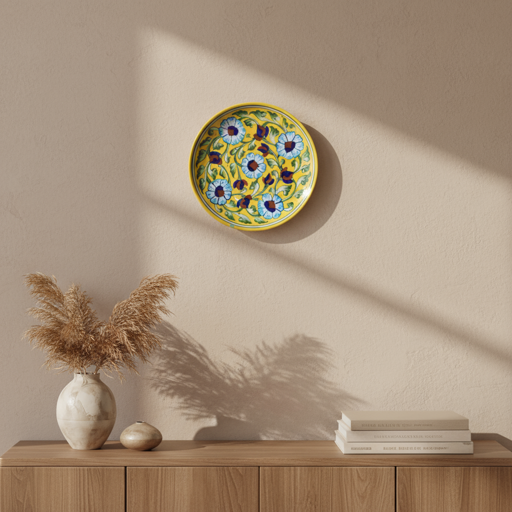Artisan Blue Pottery Floral Wall Plate | Yellow Quartz Decor