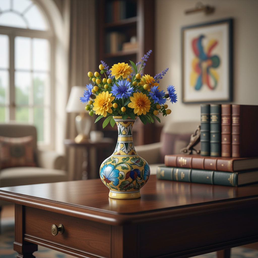 A blue pottery vase with a bulbous base and slender neck, featuring a hand-painted yellow background with intricate blue, green, and red floral designs, isolated on a white background.