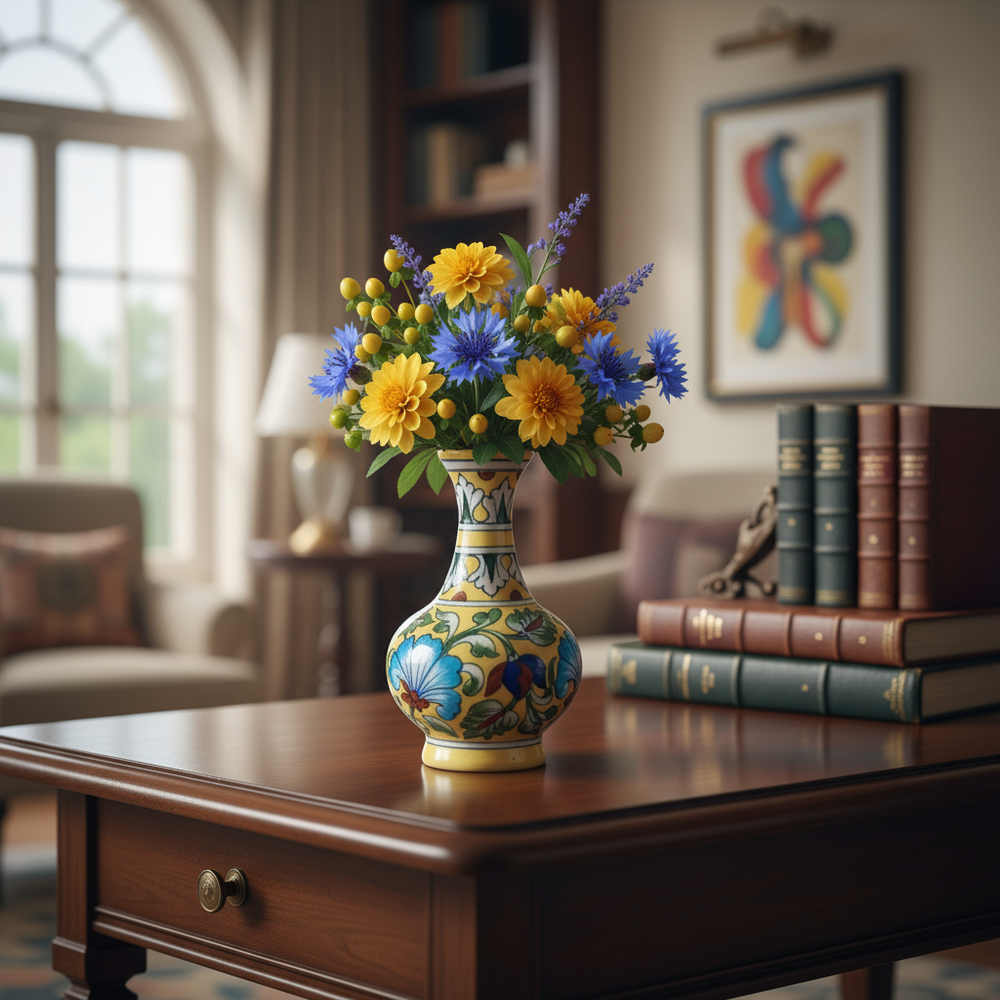 A blue pottery vase with a bulbous base and slender neck, featuring a hand-painted yellow background with intricate blue, green, and red floral designs, isolated on a white background.