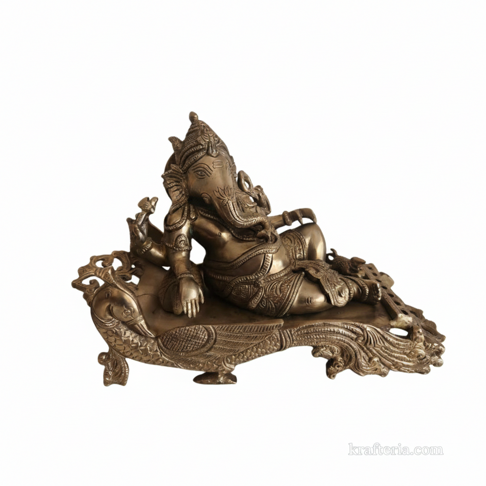 Brass Reclining Ganesha Statue – Traditional Relaxed Ganesha on Peacock Couch Idol   Brass Artwork