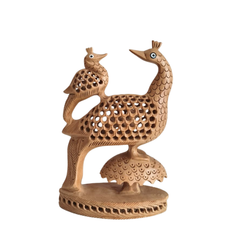 Hand-Carved Wooden Peacock Pair with Filigree Detail