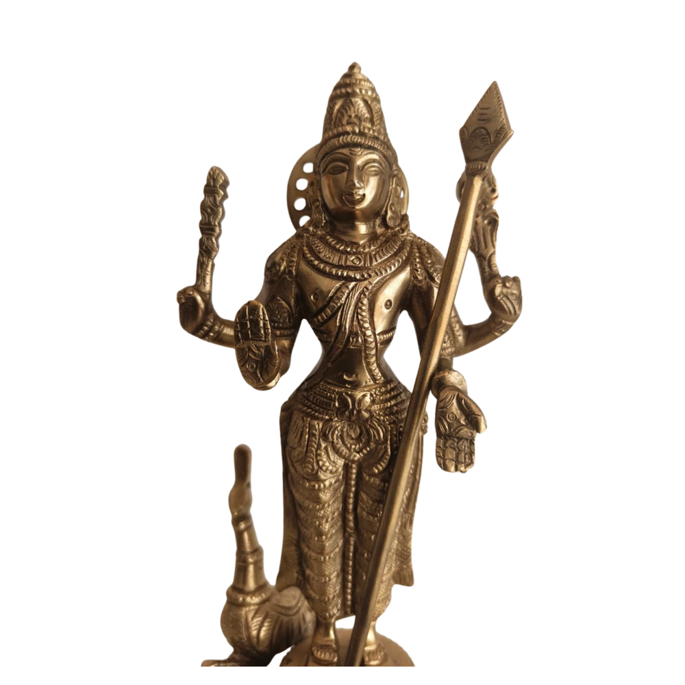 Traditional Lord Kartikeya Idol with Vel and Peacock   Brass Artwork