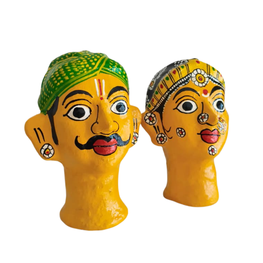 Handcrafted Cheriyal Rural Couple Busts – Painted Clay Folk Art   wall decor
