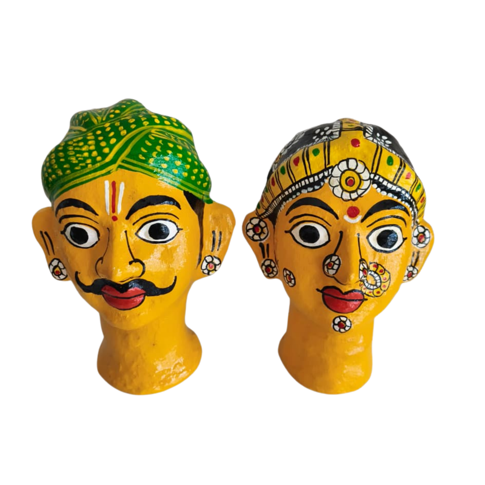 Handcrafted Cheriyal Rural Couple Busts – Painted Clay Folk Art   wall decor