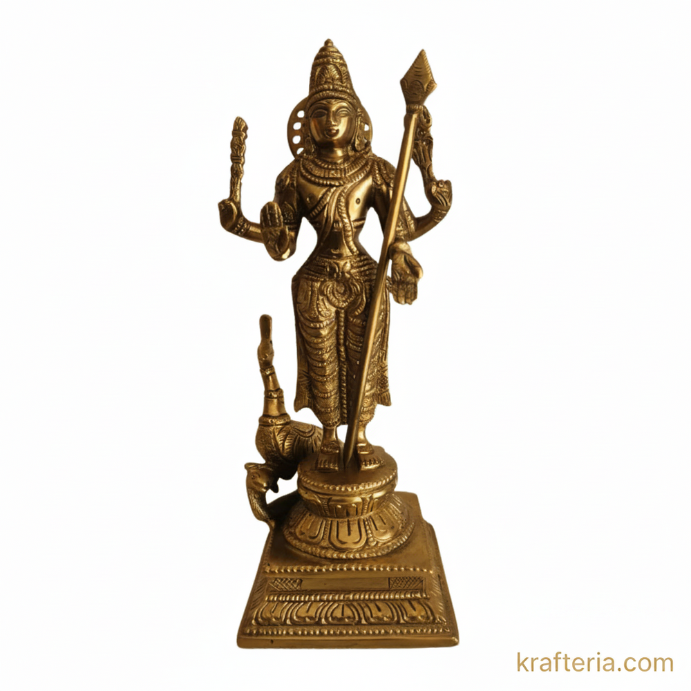 Traditional Lord Kartikeya Idol with Vel and Peacock   Brass Artwork