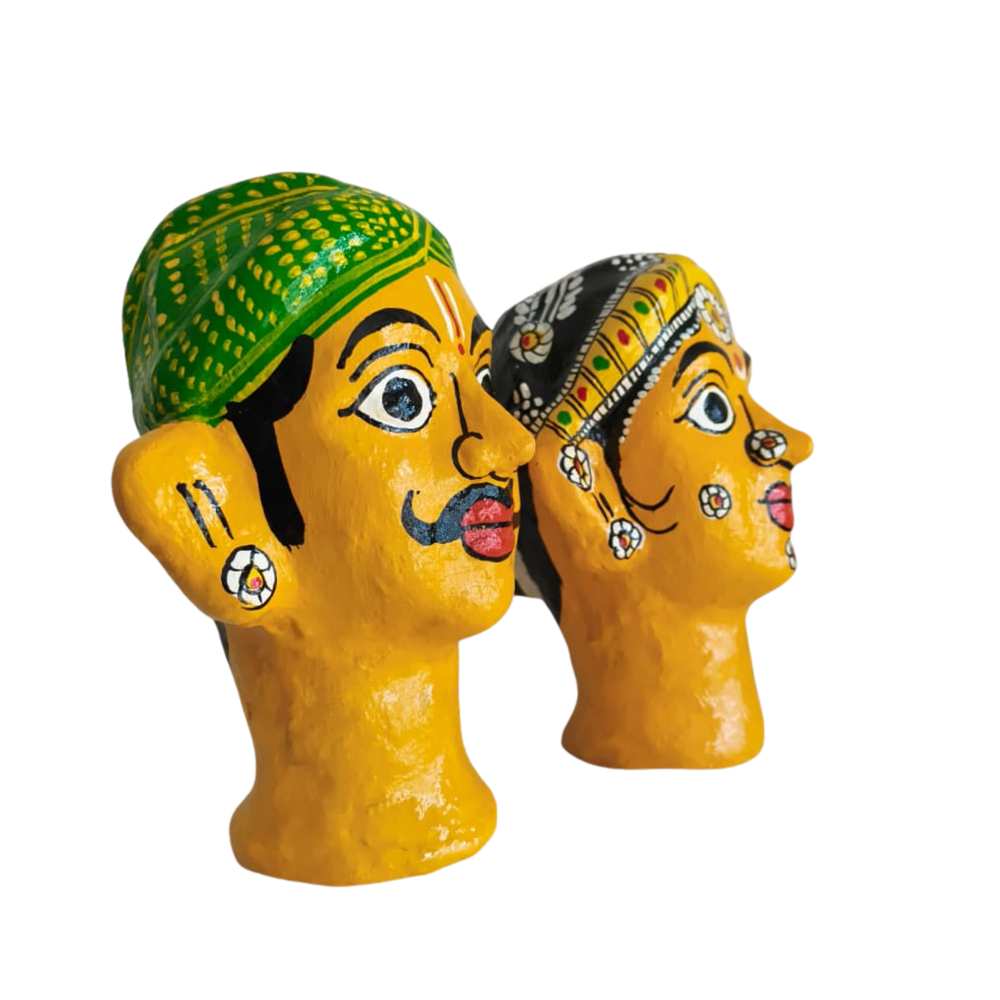 Handcrafted Cheriyal Rural Couple Busts – Painted Clay Folk Art   wall decor
