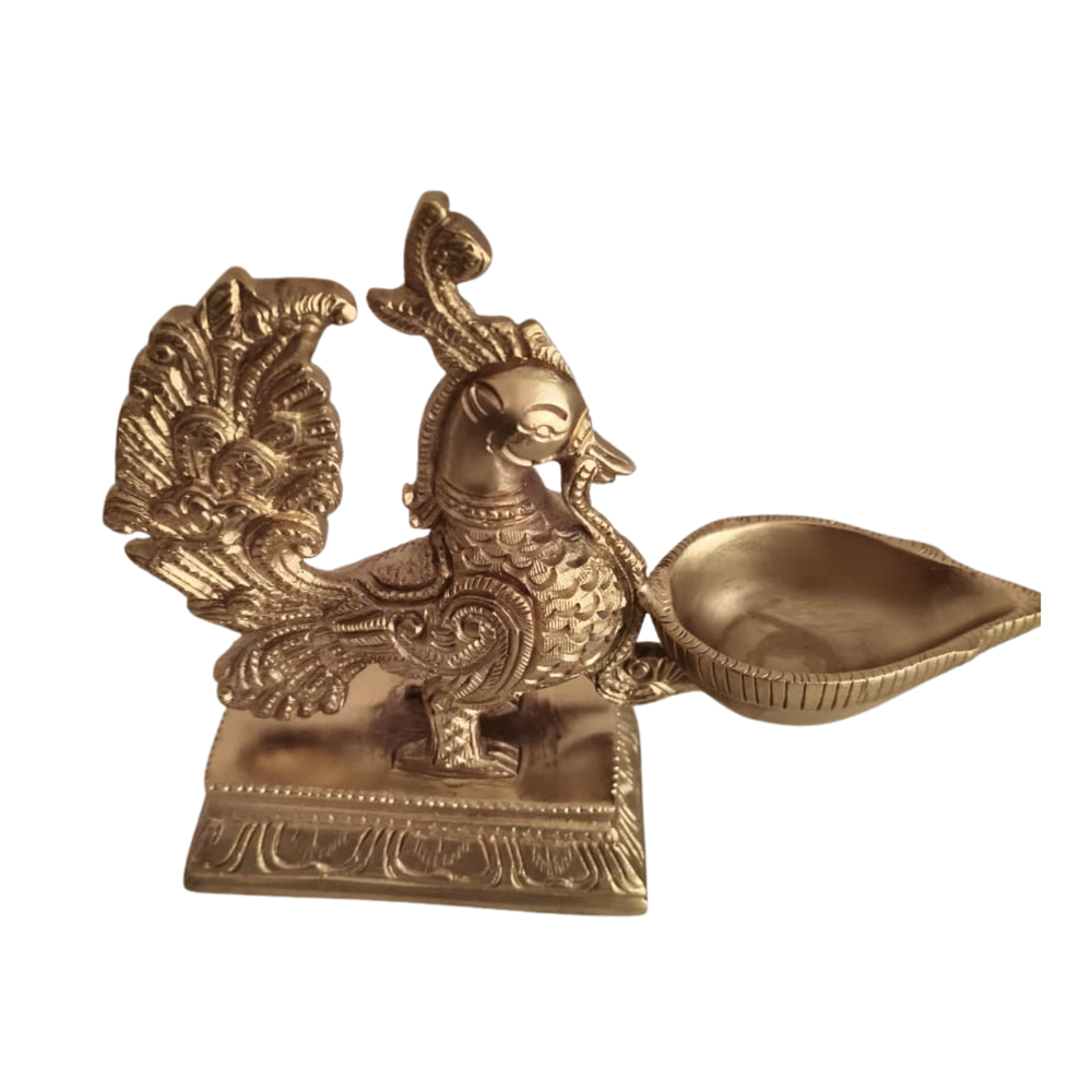 Handcrafted Brass Annapakshi Table Diya | Traditional Peacock Oil Lamp on Pedestal Base   Brass Artwork