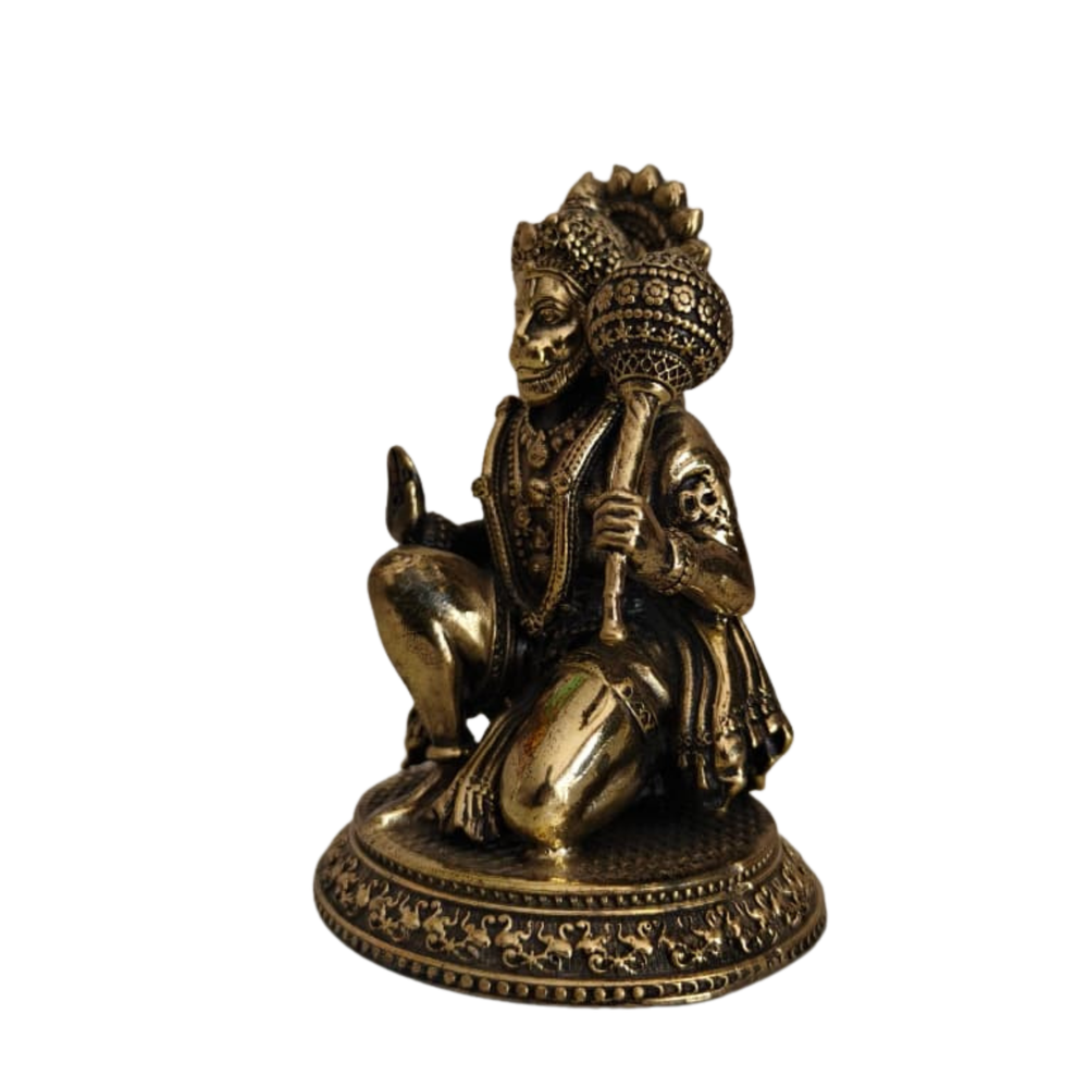 Brass Kneeling Hanuman Statue – Bajrangbali Idol with Gada for Protection   Brass Artwork