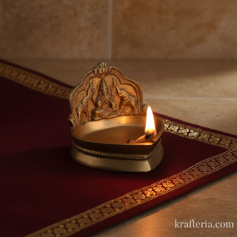 Brass Gajalakshmi Table Diya | Traditional Goddess Lakshmi Oil Lamp for Prosperity   Brass Artwork