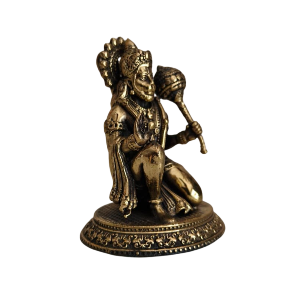 Brass Kneeling Hanuman Statue – Bajrangbali Idol with Gada for Protection   Brass Artwork