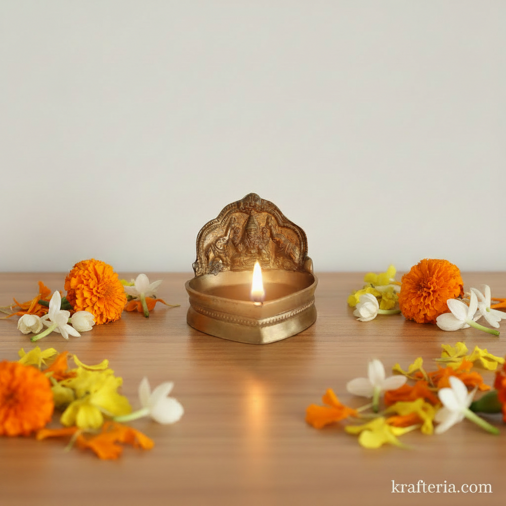 Brass Gajalakshmi Table Diya | Traditional Goddess Lakshmi Oil Lamp for Prosperity   Brass Artwork