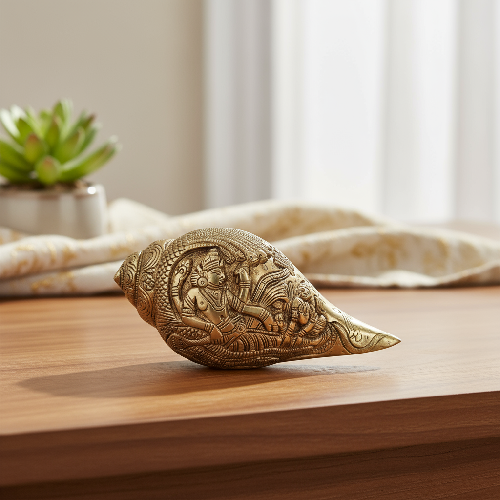 Intricately Carved Brass Decorative Shankha (Conch Shell) with Hindu Deities