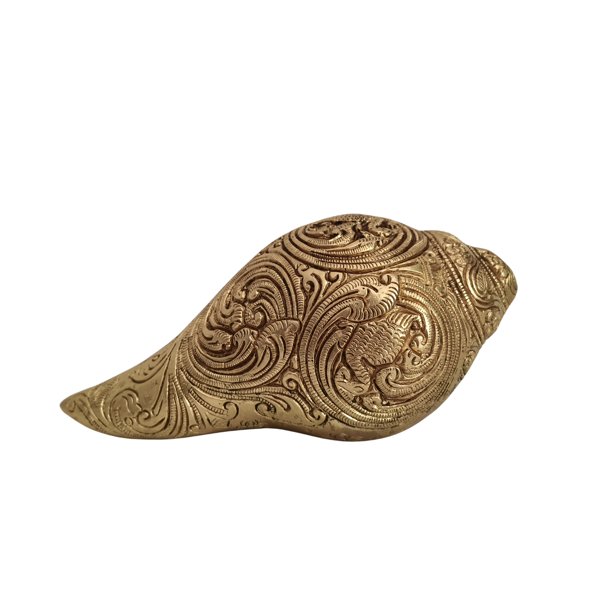 Intricately Carved Brass Decorative Shankha (Conch Shell) with Hindu Deities