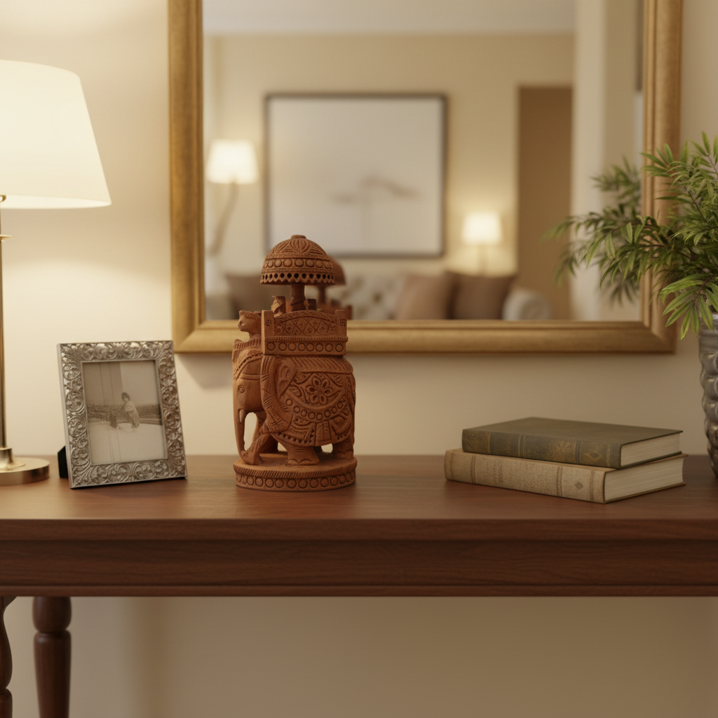 Wooden Carved Ambari Elephant With Umbrella