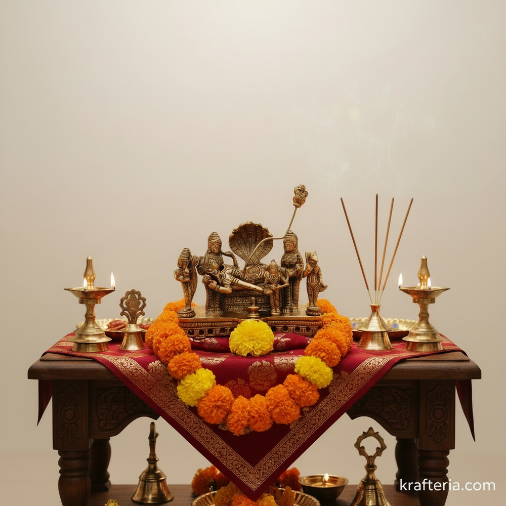 Brass Ananta Shayana Vishnu Statue – Traditional Reclining Mahavishnu Altar Idol   Brass Artwork