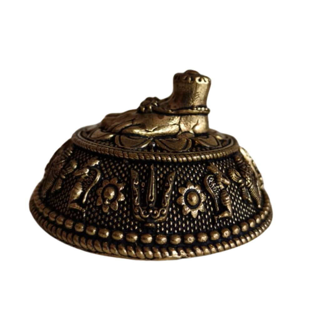 Brass Paduka with Protective Dome – Sacred Divine Footprints for Vastu & Puja   Brass Artwork