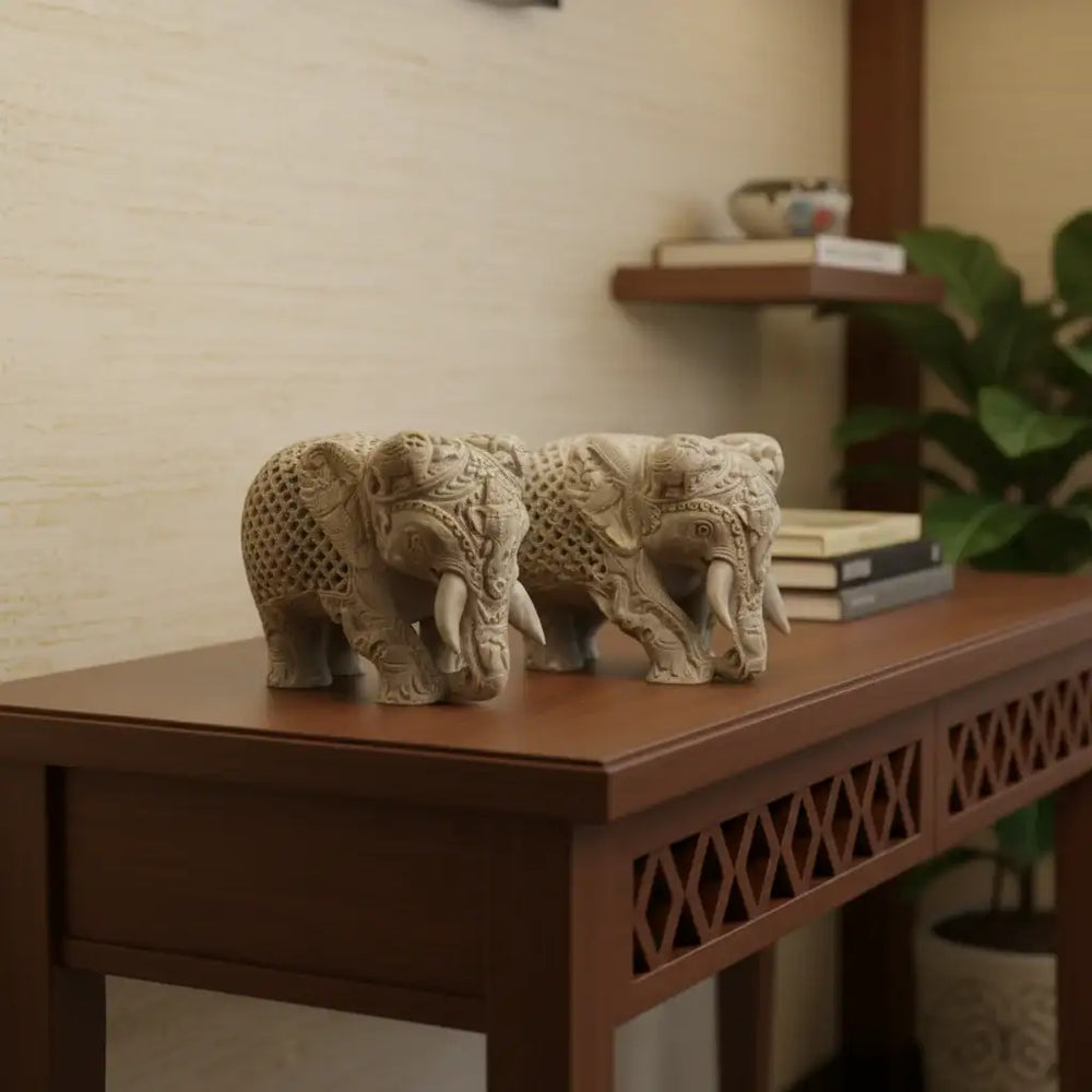 Pair of Elephants in Soft Stone – Intricate Jali Carving Handcrafted Artwork   Jali Art