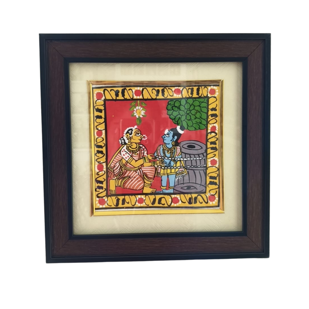 Yashoda Binding Child Krishna (Damodara Leela) - Hand-Painted Cheriyal Art   Cheriyala Painting