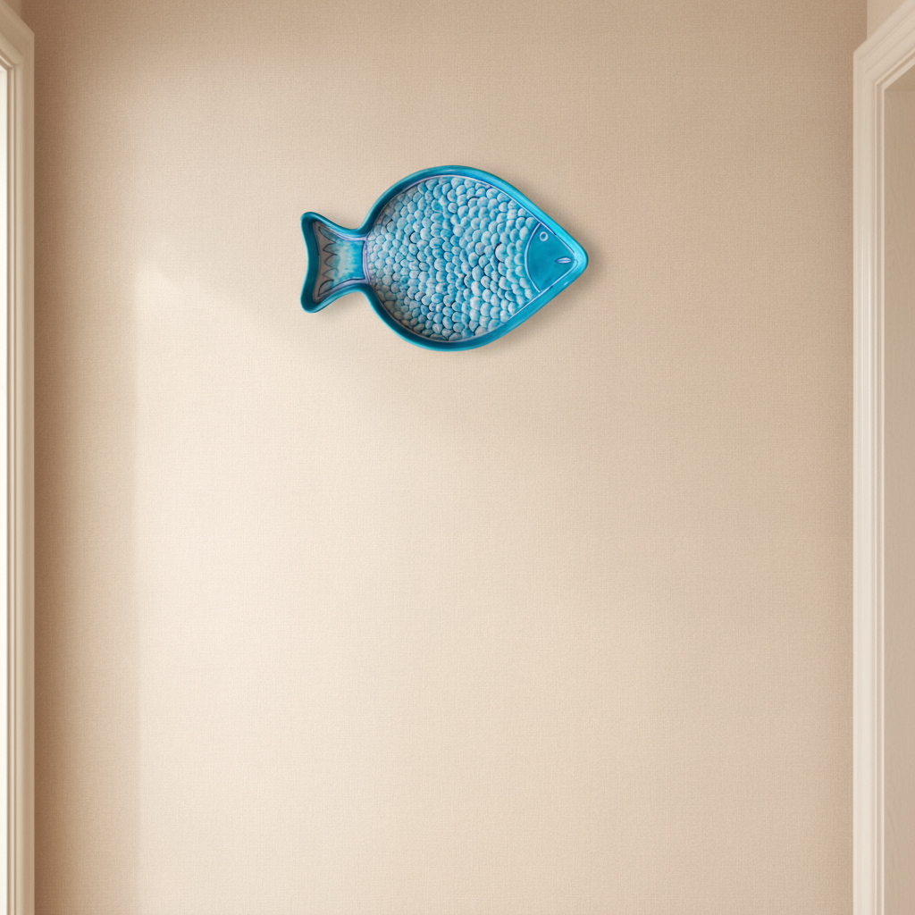 Hand-Painted Blue Pottery Fish Wall Decor | Nautical Quartz Art