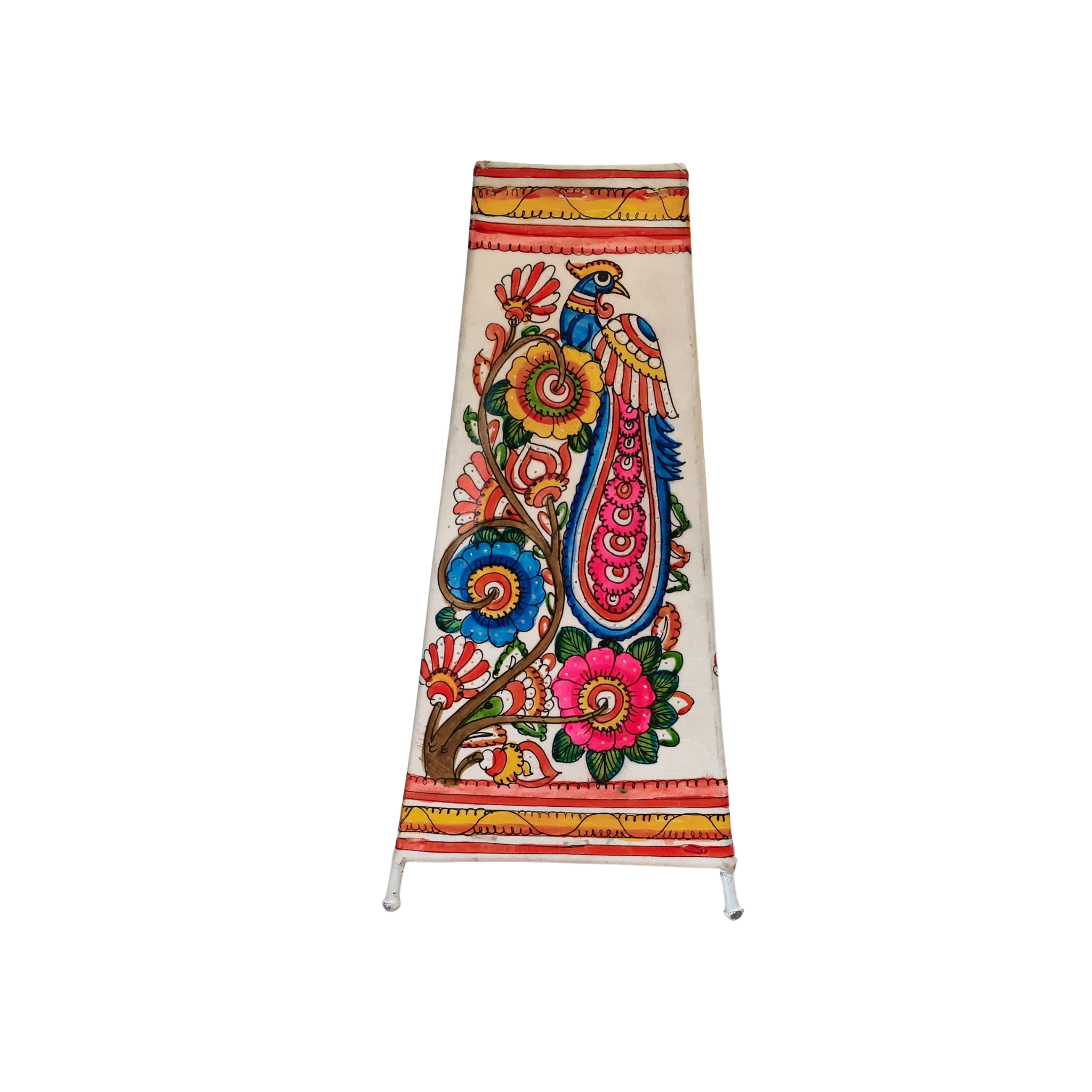 Hand-Painted Leather Lamp with Peacock and Floral Design