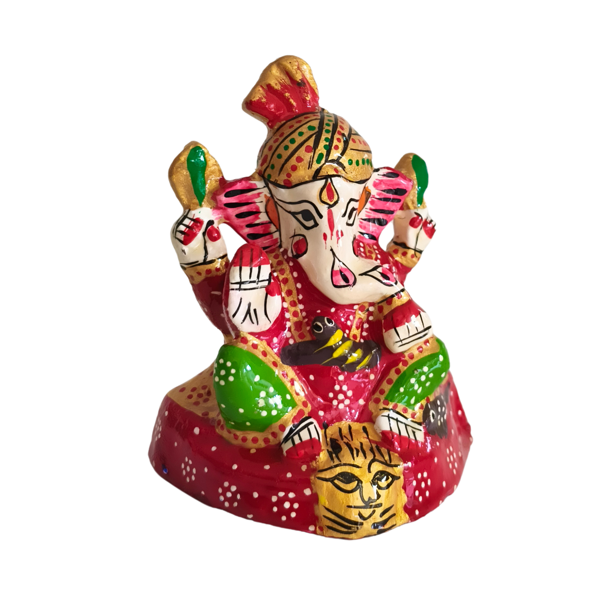 Hand-Painted Ganesha Idol - Auspicious Red Meenakari with Lion Base