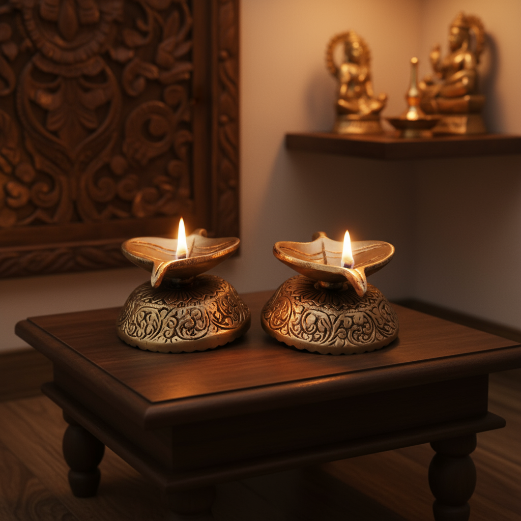 Pair of Ornate Brass Leaf-Shaped Diyas (Oil Lamps)