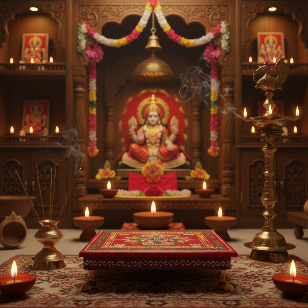 Hand-Painted Wooden Pooja Stool (Chowki) with Traditional Design